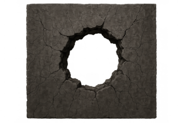 Concrete wall destruction with a large circular hole through the surface, signifying breakthrough and damage on transparent background