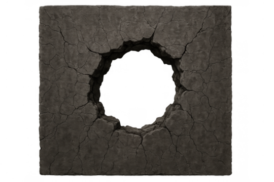 Concrete wall destruction with a large circular hole through the surface, signifying breakthrough and damage on transparent background
