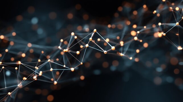A network of interconnected lines and dots against a dark background, with a glowing golden hue, creating a futuristic and abstract visual effect. - Powered by Adobe