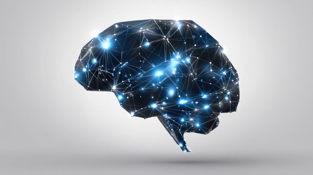 A human brain with glowing blue nodes and lines, set against a gradient background with a white outline.