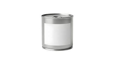 A close up view of a silver metal can with a blank white label on a black background in studio lighting