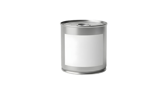 A close up view of a silver metal can with a blank white label on a black background in studio lighting