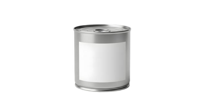 A close up view of a silver metal can with a blank white label on a black background in studio lighting