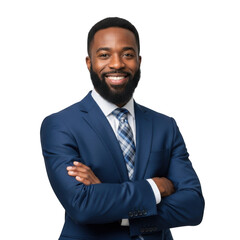 Smiling african american businessman in a sharp blue suit with arms crossed confidently isolated on transparent background