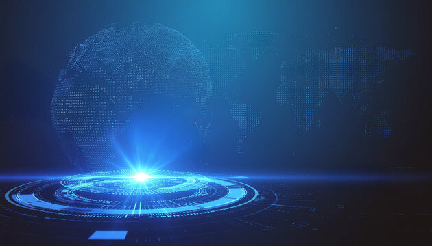 A captivating digital representation of a globe with a futuristic interface, illuminated by a radiant light source