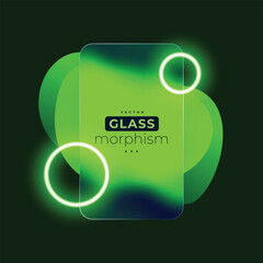 Glass morphism 3d phone mockup with blurred green abstract background. Smartphone transparent glass screen with chat, call and payment vector.
