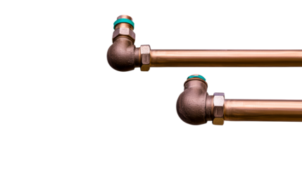 Copper pipe fittings with teal caps on white background