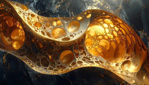 An abstract visualization, a fluid golden cellular structure floats within a dark, marbled background. Metallic tones