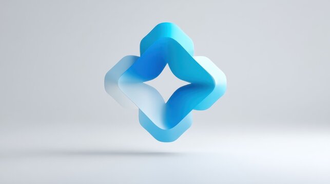 A blue and white geometric shape floating in the air against a white background.
