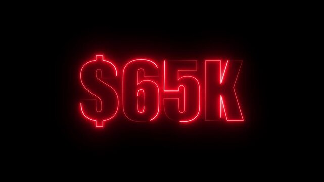 Red neon $65K number for finance and success themed animated.Perfect for financial video animation on backgrounds, digital currency, or futuristic money themes.