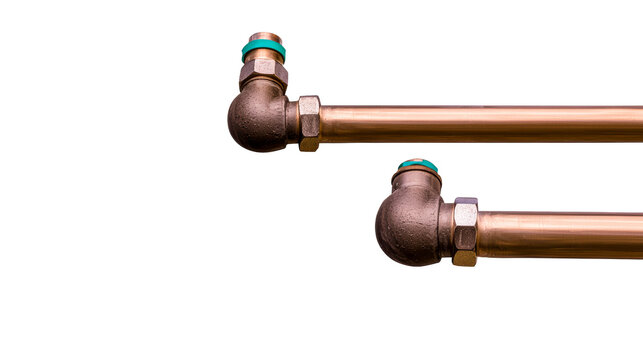 Copper pipe fittings with teal caps on white background
