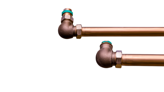 Copper pipe fittings with teal caps on white background