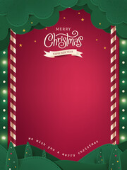 vertical Christmas greeting card banner in paper cut style with tree, candy cane, light bulb, ribbon, snow, star, copy space, decoration, typography and festive holiday background template