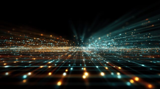 A digital abstract background featuring a grid of glowing, colorful particles and lines, with a blurred, bokeh effect in the background.