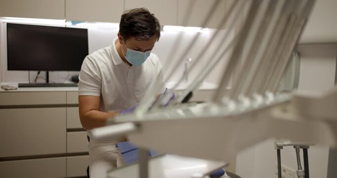 Dentist appointment in a modern clinic with patient consultation and dental care procedures happening in the office