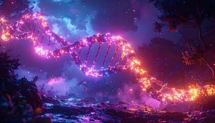 A bioluminescent double helix illuminates a fantastical forest at dusk, with glowing strands and mystical ambiance