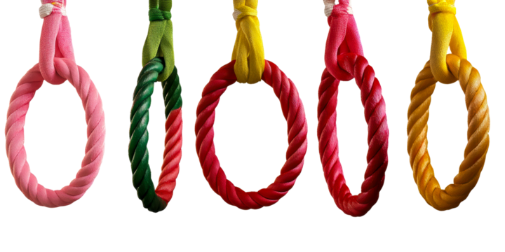 Five Twisted Rope Rings of Different Colors Hanging
