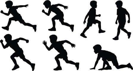 Child running and crouching silhouette vector set, dynamic motion sequence for stock content, physical activity, animation, sports, and movement study themes