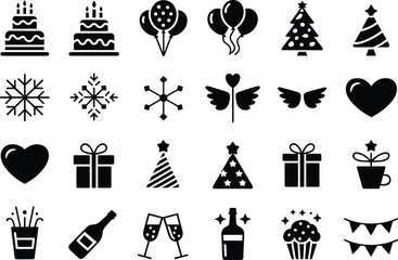 Celebration, party, birthday, festive, silhouette, icon, cake, cupcake, candle, gift, hat, balloon, snowflake, tree, heart, drink, flag, champagne, ornament, decoration, holiday