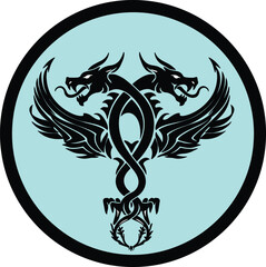 Naklejka premium Symmetrical dragon emblem vector, fantasy serpent logo design, mythical creature illustration, infinity symbol wings, tattoo-style circular motif for stock content