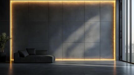 Fototapeta premium Modern Minimalist Interior Wall with Soft Lighting and Black Couch