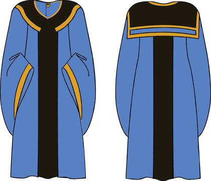 Academic regalia gown vector set, front and back view, doctoral graduation robe design, gold trim blue black ceremonial outfit illustration for stock content