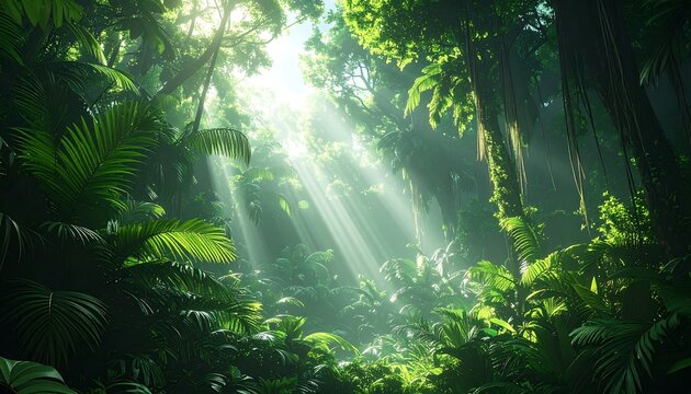 Lush, dense tropical foliage illuminated by striking rays of sunlight, creating a vibrant, idyllic forest atmosphere - Powered by Adobe