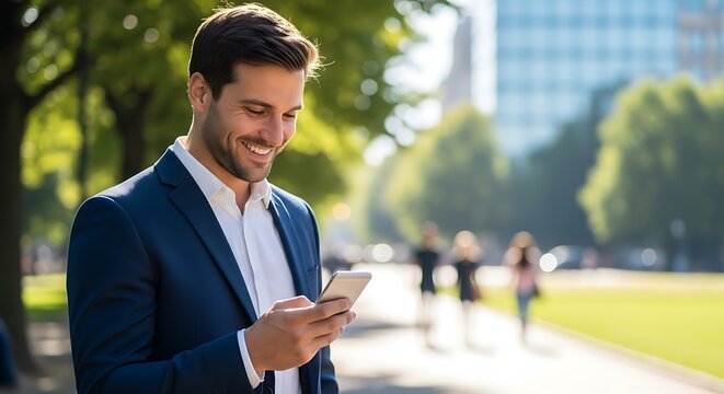 Smiling businessman using smartphone outdoors in a city park on a sunny day - Powered by Adobe