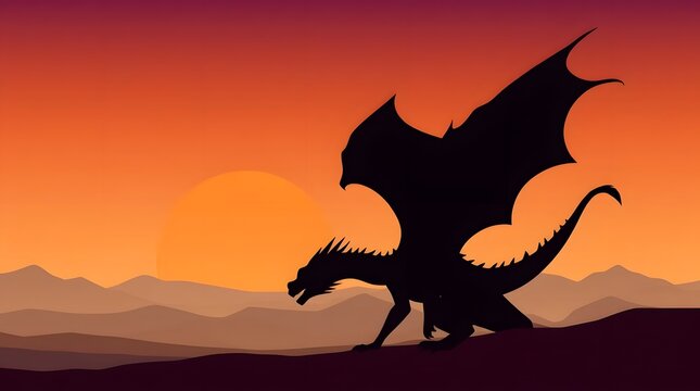 Majestic dragon silhouette soars against a stunning sunset landscape, a fantasy illustration for creative projects and mythical designs, legends untold - Powered by Adobe