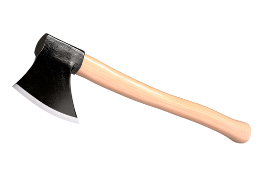 Sharp axe tool with wooden handle on white background