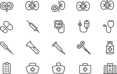 Medical icon vector set, kidney diagrams, healthcare tools, pills, syringe, stethoscope, hospital symbols for stock content, clinical, anatomy, and treatment themes