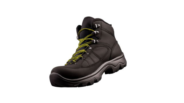 Black work boot with yellow laces on white