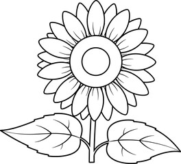 Sunflower drawing, black and white sketch, botanical illustration, floral outline, nature clipart, plant anatomy, coloring page, vector flower, leaf detail, stem structure, concentric circles, , 