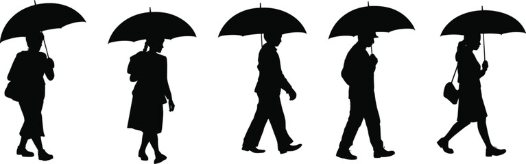 Umbrella walking silhouette vector set, formal figures in motion for stock content, rainy day, fashion, social behavior, and movement study themes