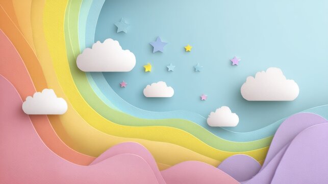 A colorful, pastel rainbow with clouds and stars in a soft, pastel sky with a gentle gradient of colors, creating a dreamy, whimsical atmosphere. - Powered by Adobe