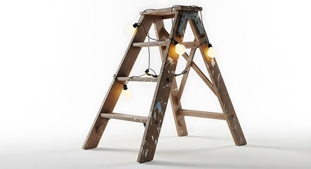 Ladder decorated with warm glowing string of light bulbs indoors