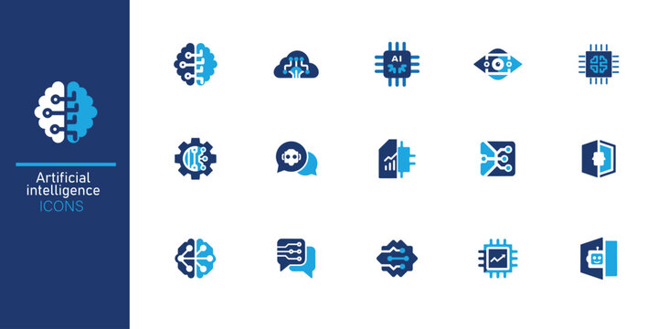 Artificial intelligence icon set. Containing machine learning, data science, AI, virtual assistant, generative AI, technology, Turing test and more. Solid vector icons collection.