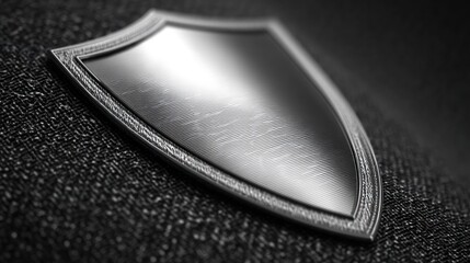 A metallic shield with a blank, reflective surface, placed on a textured, dark background.