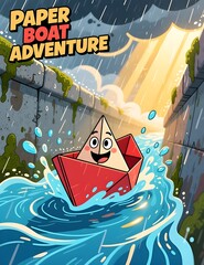 Happy Paper Boat Riding Rainwater Stream