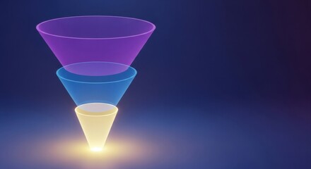 Three translucent funnels in purple, blue, and yellow cascade downwards, representing a process or flow