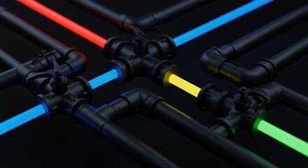 Abstract network of pipes with colorful glowing ends on a dark background, representing connection and data flow