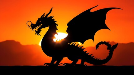 Majestic dragon silhouette against a fiery sunset sky, fantasy creature casting a powerful shadow over a vibrant horizon, evoking adventure and myth