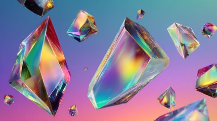 A vibrant, colorful array of iridescent crystals and gemstones floating in a gradient background with a gradient sky.