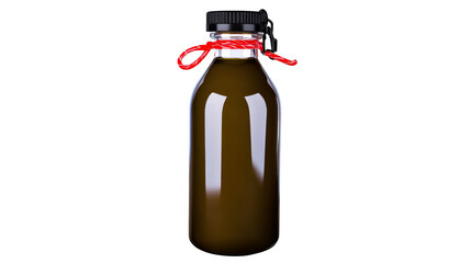 Glass bottle with dark liquid and red twine closure