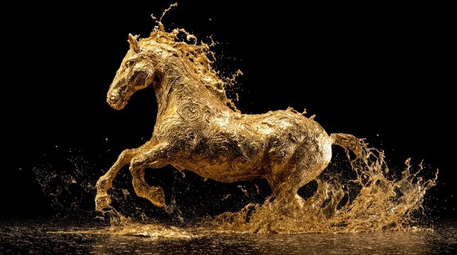 A golden horse with intricate patterns galloping through a liquid, surrounded by splashes and droplets, set against a black background with a reflective surface.