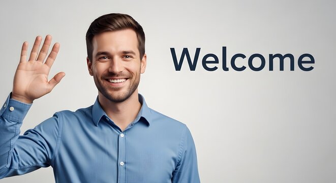 A friendly man with a cheerful expression is waving his hand in greeting next to the word 'Welcome' on a plain background, creating a welcoming atmosphere