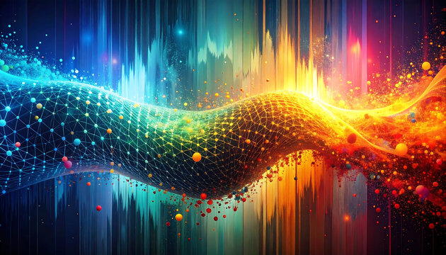 Vibrant abstract technology particles form a dynamic mesh background with a distorted light spectrum and multicolor texture, creating an energetic digital wave visualization - Powered by Adobe