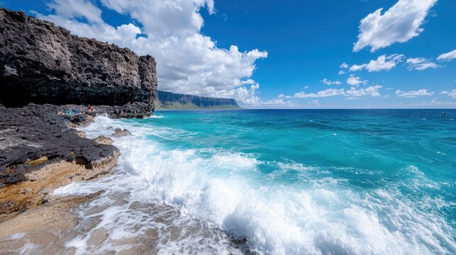A stunning coastal scene featuring turquoise waves crashing against rocky cliffs under a bright blue sky with fluffy clouds.