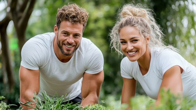 A cheerful couple smiles while gardening outdoors, surrounded by greenery, showcasing a healthy and active lifestyle.