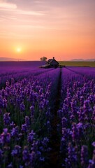 Fototapeta premium Generative AI serene lavender field at sunset with cottage.